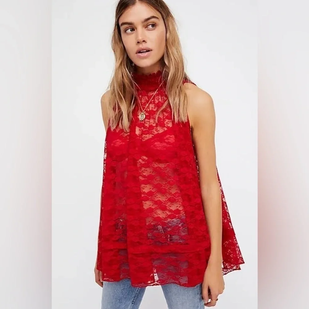 Free People Myrna Red Lace High Neck Swing Top NWT Size XS